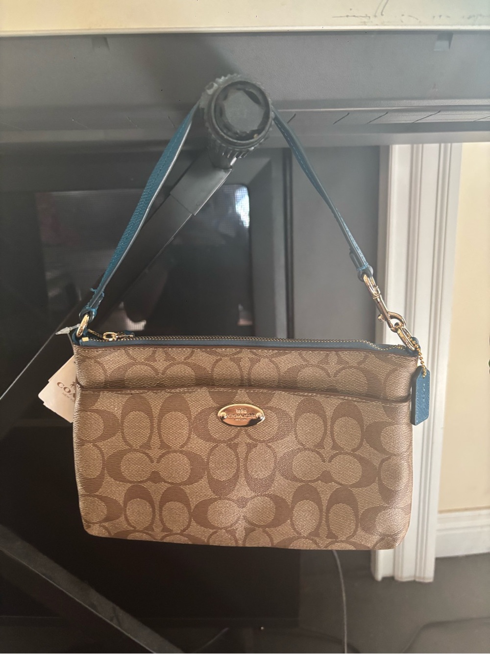 Coach Signature Canvas Brown mini shoulder bag with teal Strap *NEW WITH TAGS